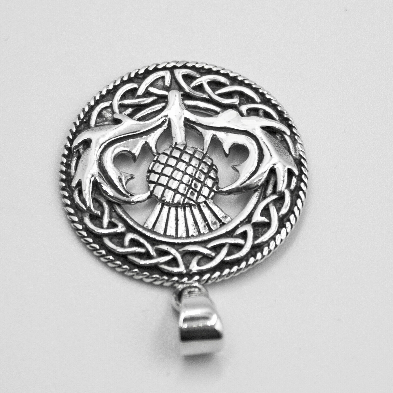 925 Solid Sterling Silver Scottish Thistle In Celtic Circle Pendant 