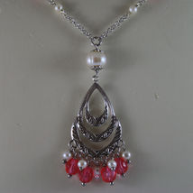 .925 SILVER RHODIUM NECKLACE WITH FUCHSIA CRYSTALS AND SMALL WHITE PEARLS image 3