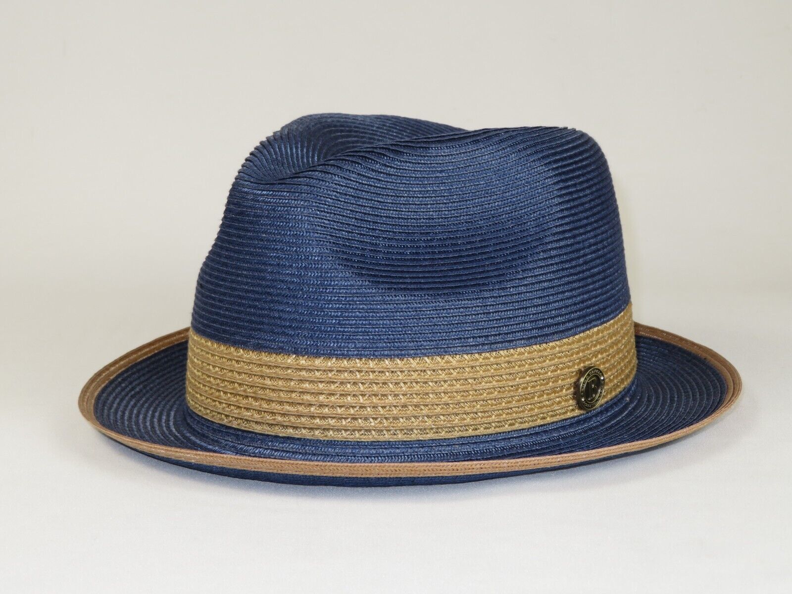 Men 100% Natural Milan Hemp Hat by BRUNO CAPELO Fedora Broadway BW846 Blue Camel
