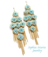 Dangle chandelier turquoise fabric flower 5&quot; long fashion earrings pierced - $13.85