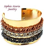 Designer style cuff fashion bracelet metal chain 1 3/4&quot; wide tri color g... - $14.84