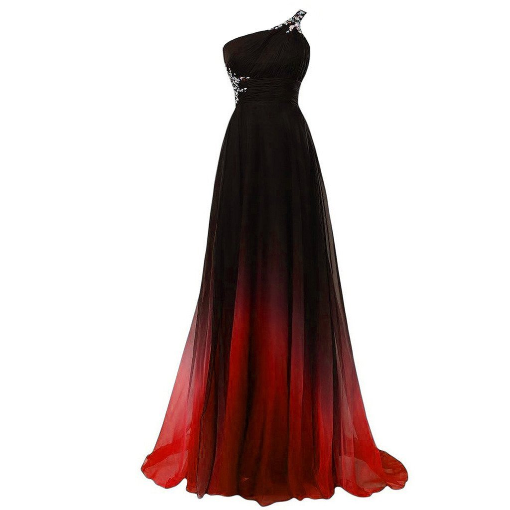 Beaded One Shoulder Gradient Chiffon Prom Evening Dresses Long Black ...