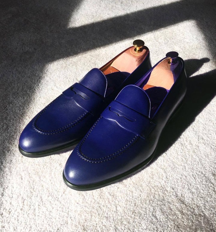 Men's Luxury Navy Blue Slips On Loafer Leather Shoes, Handmade Moccasin Formal S