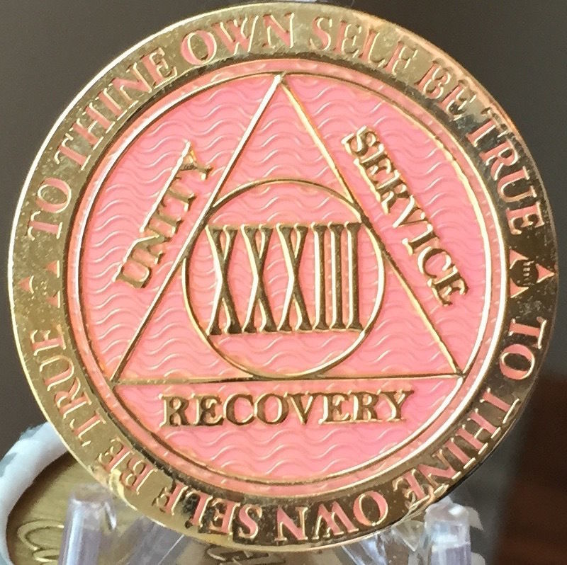 33 Year AA Medallion Pink Gold Plated Alcoholics Anonymous Sobriety ...