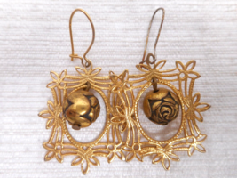 Gold Filigree Framed Rose Metal Bead Dangle Drop Earrings Women Fashion ... - $8.88
