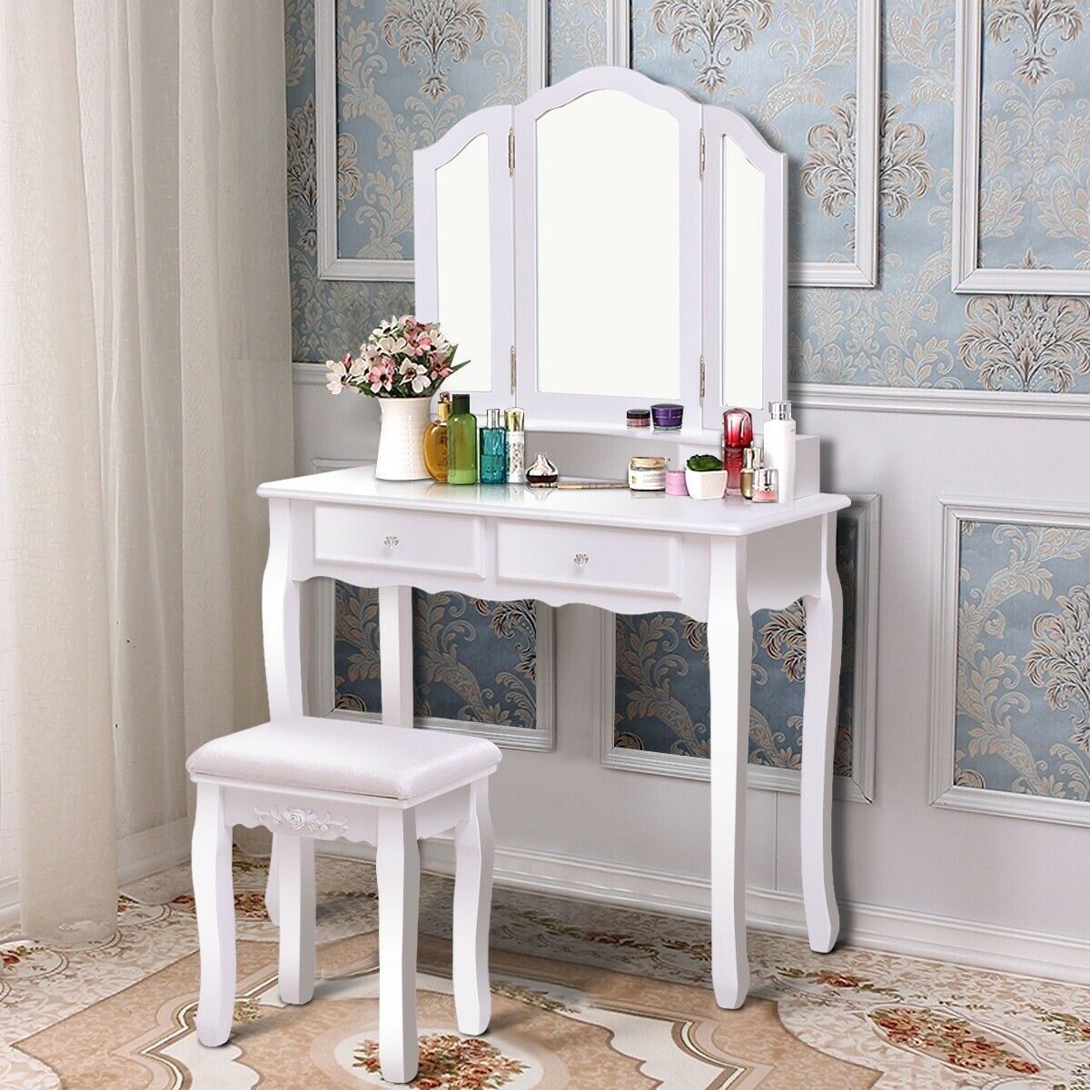 Tri Folding Mirror Vanity Table Stool Set with 4 Drawers-White ...