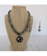Gray plastic crackle bead necklace &amp; earring set w/ large faceted pendant - $14.99
