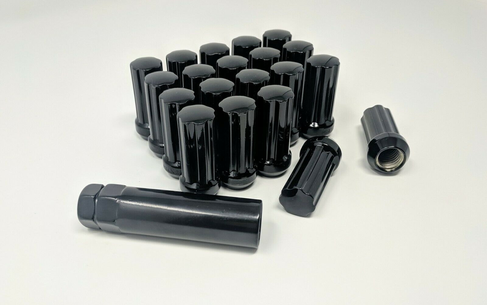 Set of 20 Black Spline Lug Nuts with Key M14x2.0 Thread 2" TALL Wheel