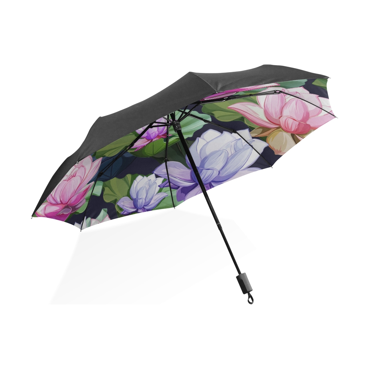 Painted Lotus Summer Flower Black Portable Compact Folding Umbrella