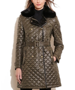 NWT RALPH LAUREN QUILTED FAUX FUR  OLIVE BROWN BELTED COAT SIZE L $245 - $149.99