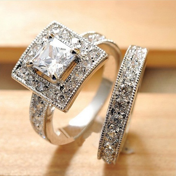 Women's Bridal Engagement Rings Set Princess Cut CZ 14k White Gold FN 925 Silver - CZ 