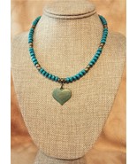 Antique Bronze Green Patina Heart Charm/Turquoise Leather Cord Accent Beads - $25.95