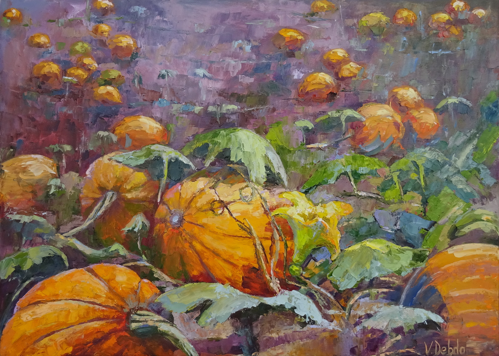 Pumpkin meadow, large orange oil painting on canvas, halloween - Paintings