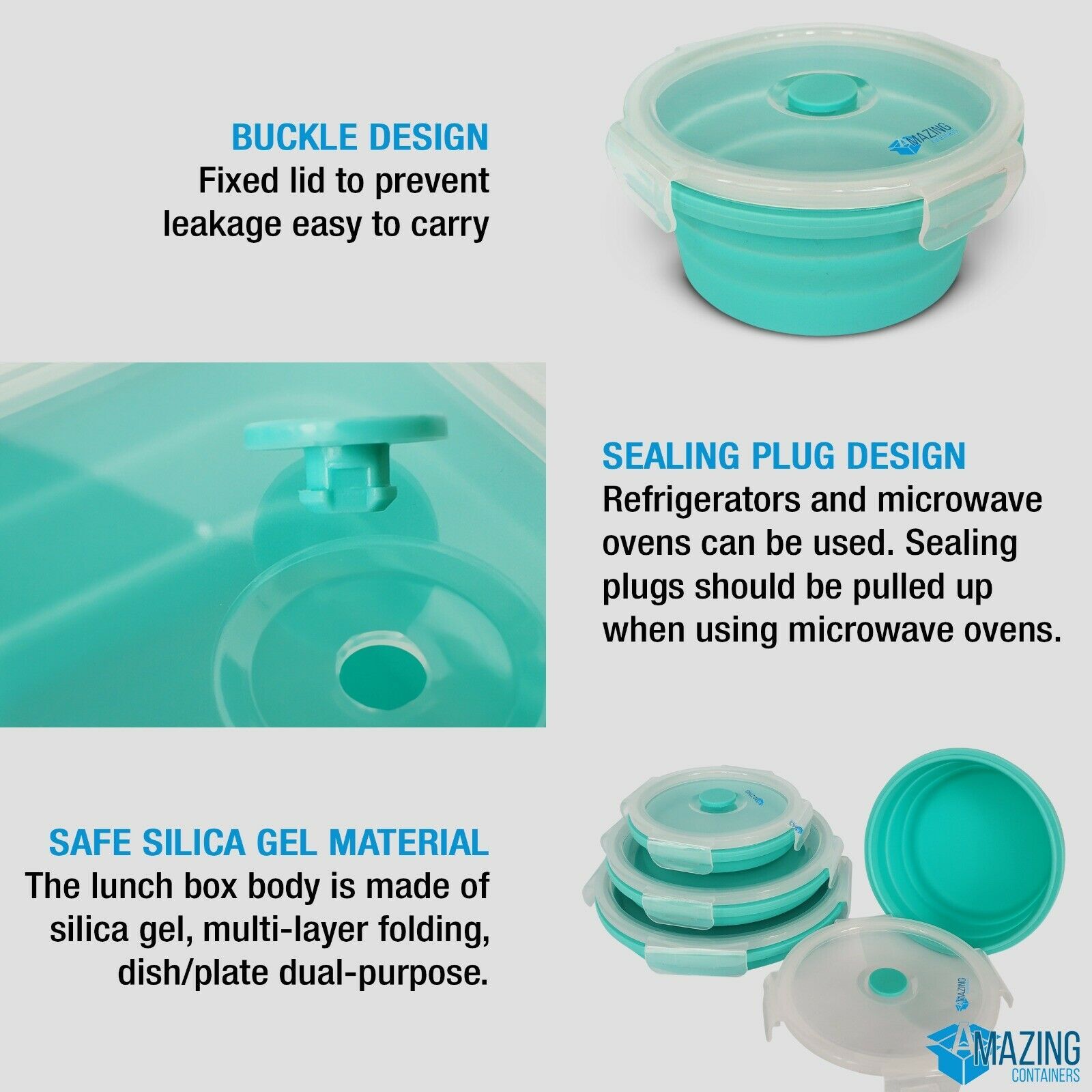 SET OF 3 silicon collapsible Mixing Bowls W / Lid Microwave safe food