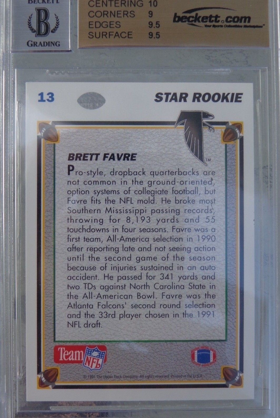 BRETT FAVRE 1991 UPPER DECK ROOKIE CARD 13 BGS 9 5GEM MINT AUTO 9 