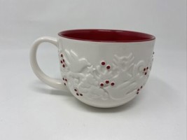 Starbucks Coffee Cup Mug Raised White Doves Red Holly Berries White Tree... - $18.80