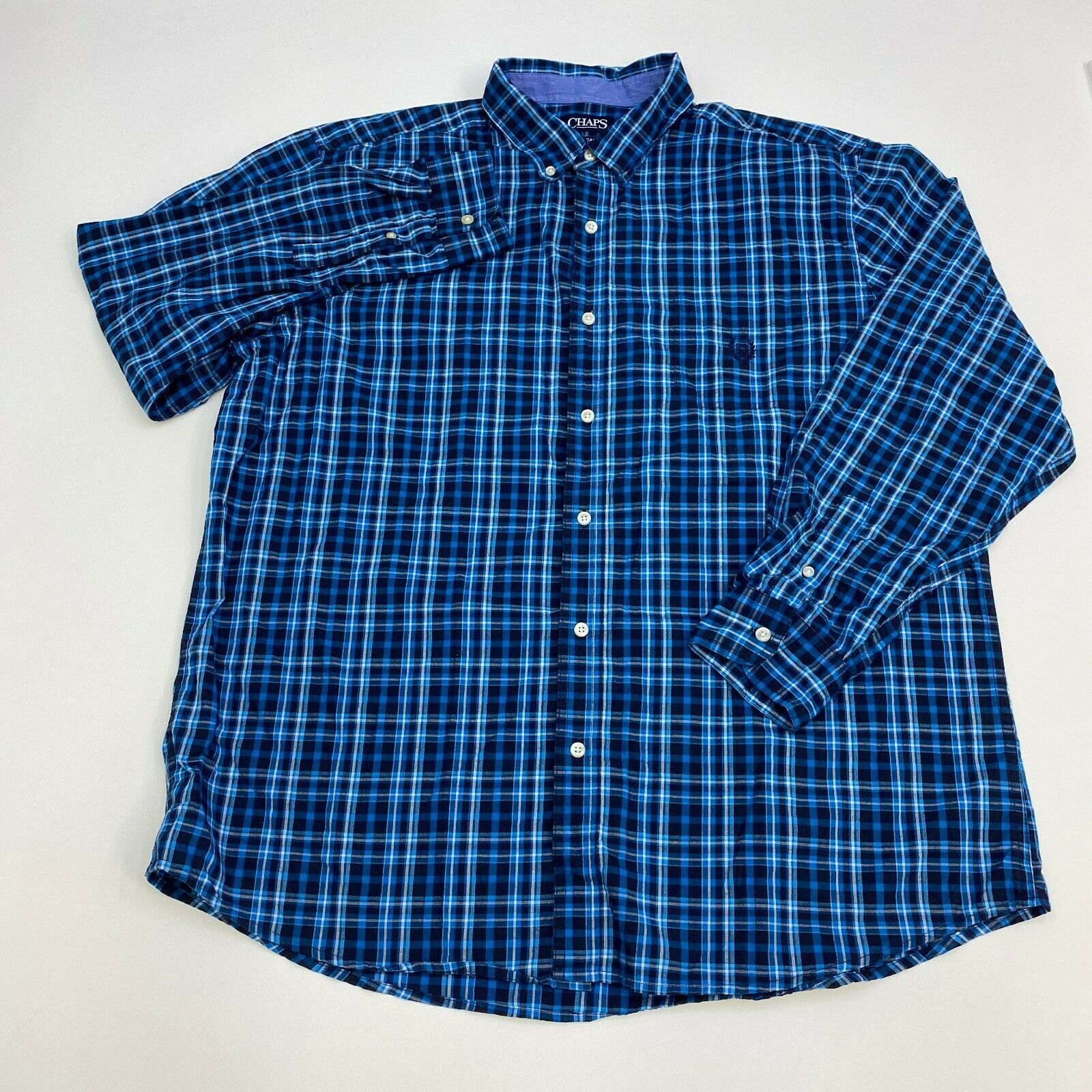 Chaps Button Up Shirt Mens XXL Blue Plaid Easy Care Long Sleeve Casual ...