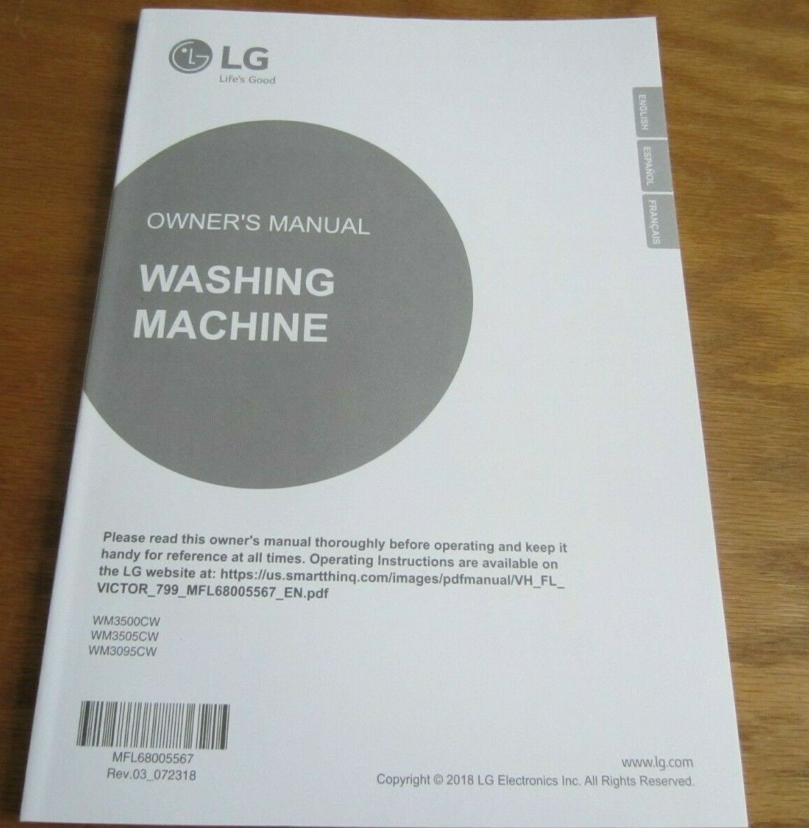 LG Front Loader Washing Machine Owner's Manual Only WM3500CW - Parts