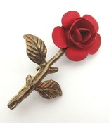 Vintage Gold Metal Rose Flower Brooch Pin with Red Dimensional Bloom - $13.16
