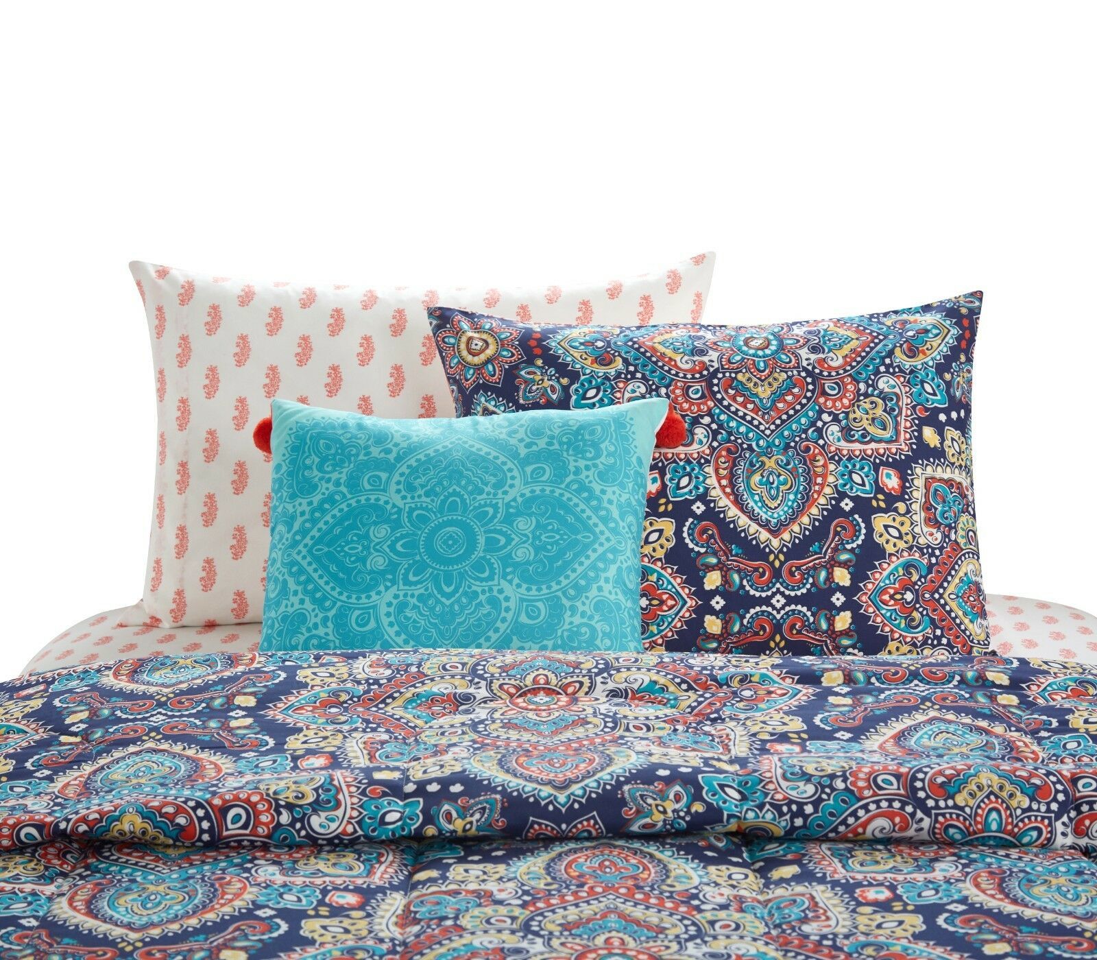 Navy Blue Blush Trendy Bohemian Medallion Paisley Comforter Set w