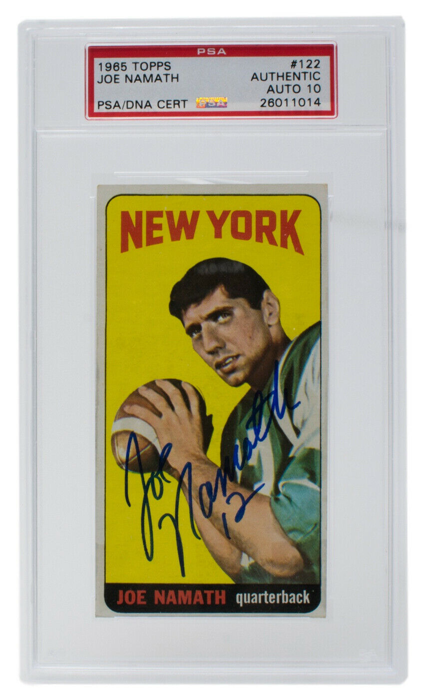 Joe Namath Signed 1965 122 Topps NY Jets Rookie Card Slabbed PSA Auto 