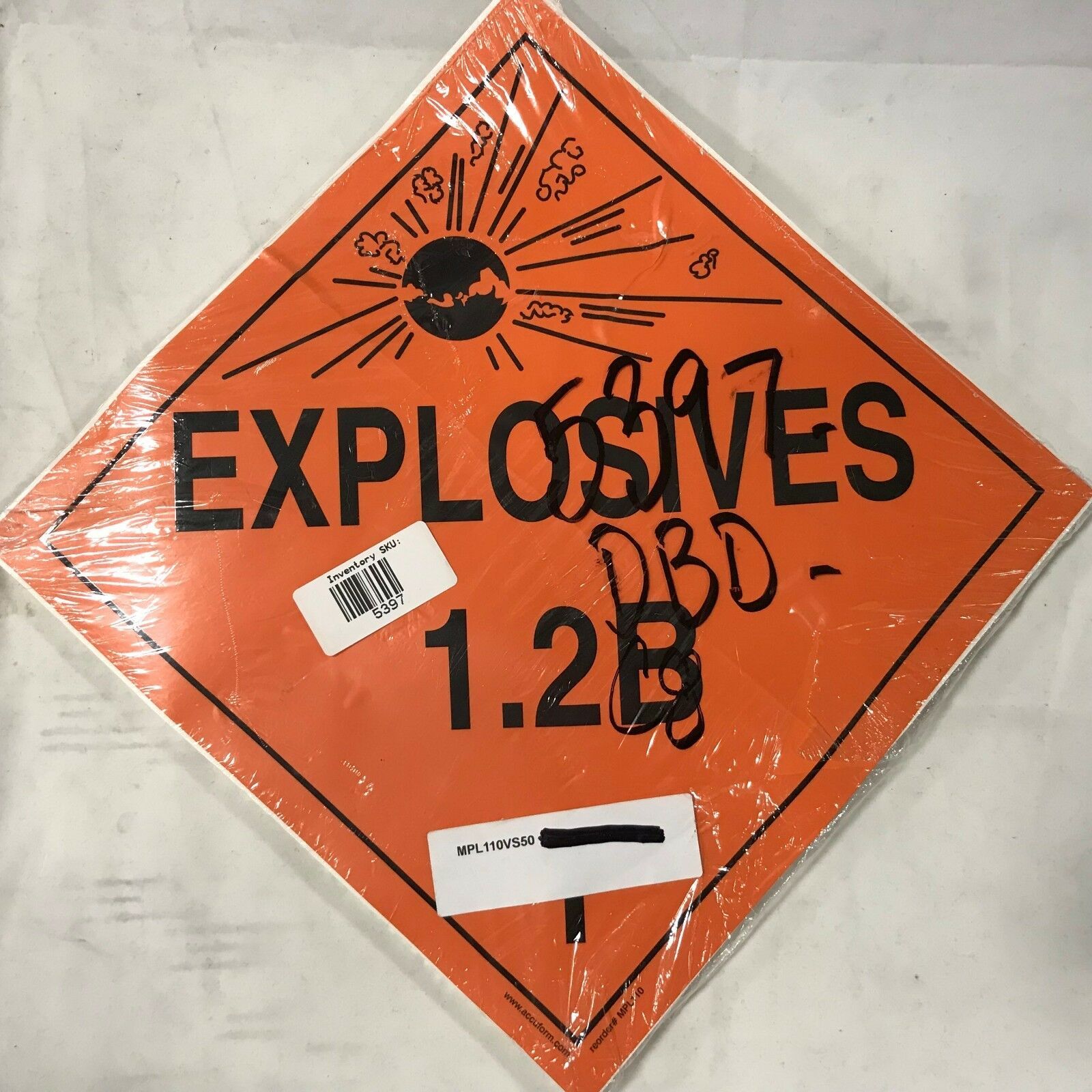 Hazard Class Placard Class 1/Division 2B DOT "EXPLOSIVES 1.2B 1" 50