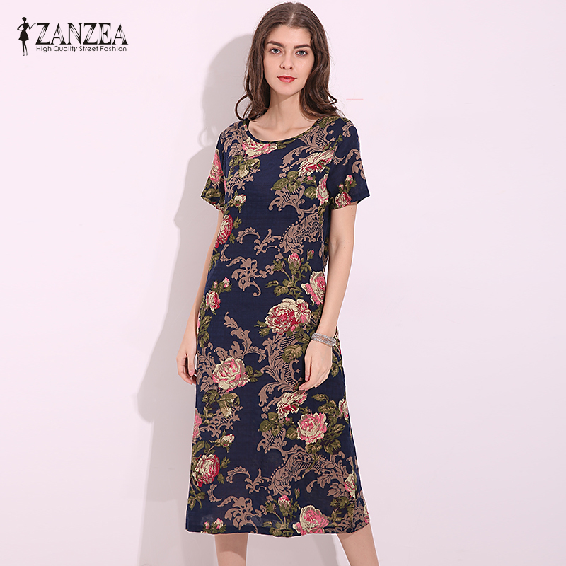 ZANZEA Women Short Sleeve Mid-length Dress Casual O-neck Print Loose ...