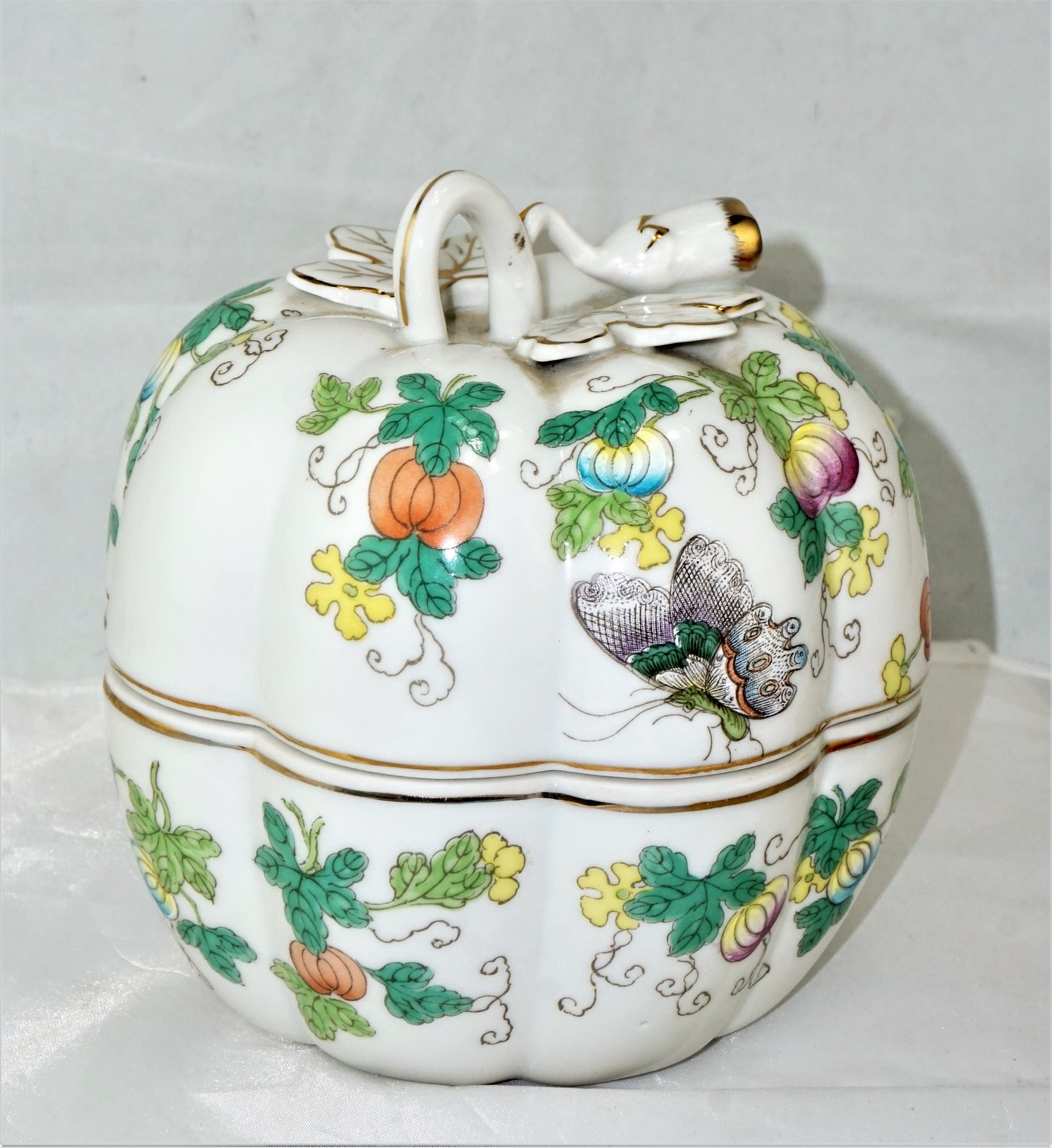 Vintage Lovely Porcelain Covered Candy Dish Jar Butterflies & Flowers Made in Japan