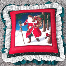 Vintage Pillows 15&quot; Square Christmas Santa Claus Toy Sack Ruffled Lace Edge - $18.61