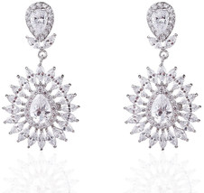 Rhodium Plated Womens Wedding Teardrop Cubic Zirconia Chandelier Drop Earrings - $101.47