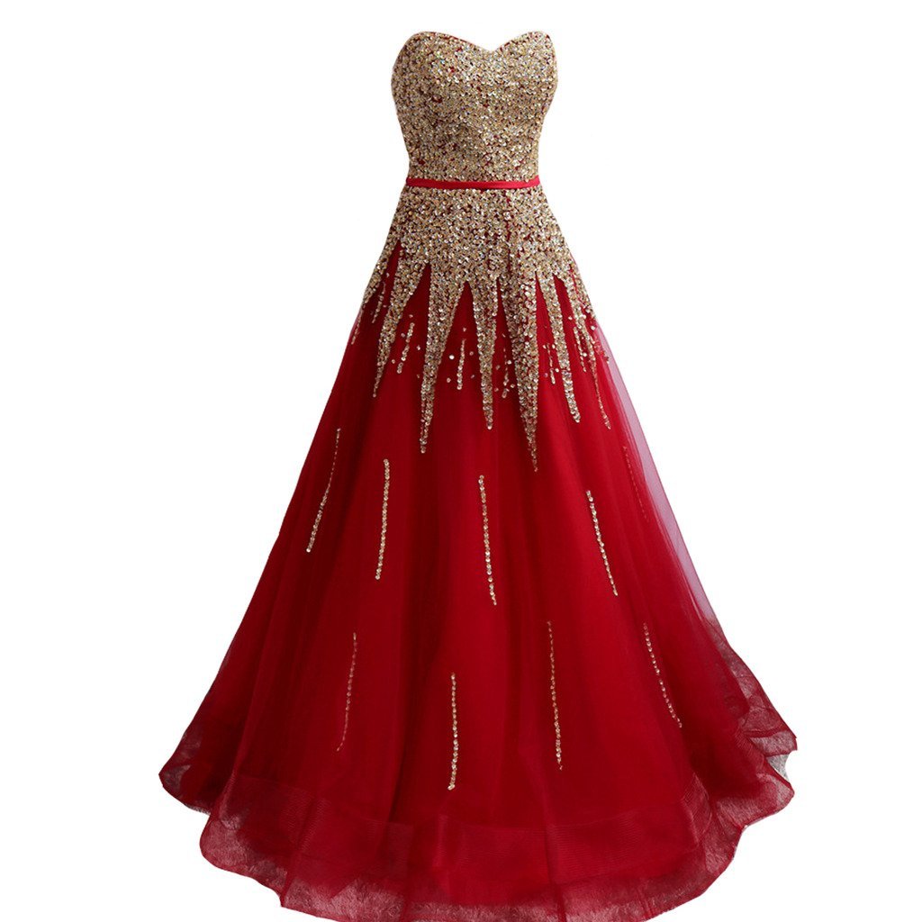 Kivary Red A Line with Gold Beading Long Corset Sash Sweetheart Prom Evening Dre