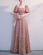 BLUSH PINK Sequin Midi Dress GOWNS Vintage Sleeved Wedding Party Sequin Dresses image 2