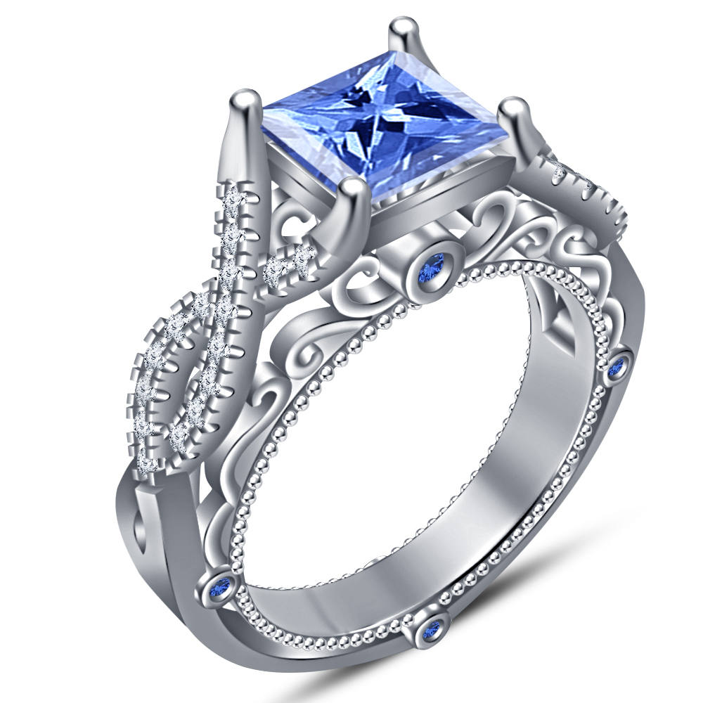 Beautiful Bridal Ring Set 14k White Gold 925 Silver Princess Cut Blue Sapphire Cz Moissanite 7068