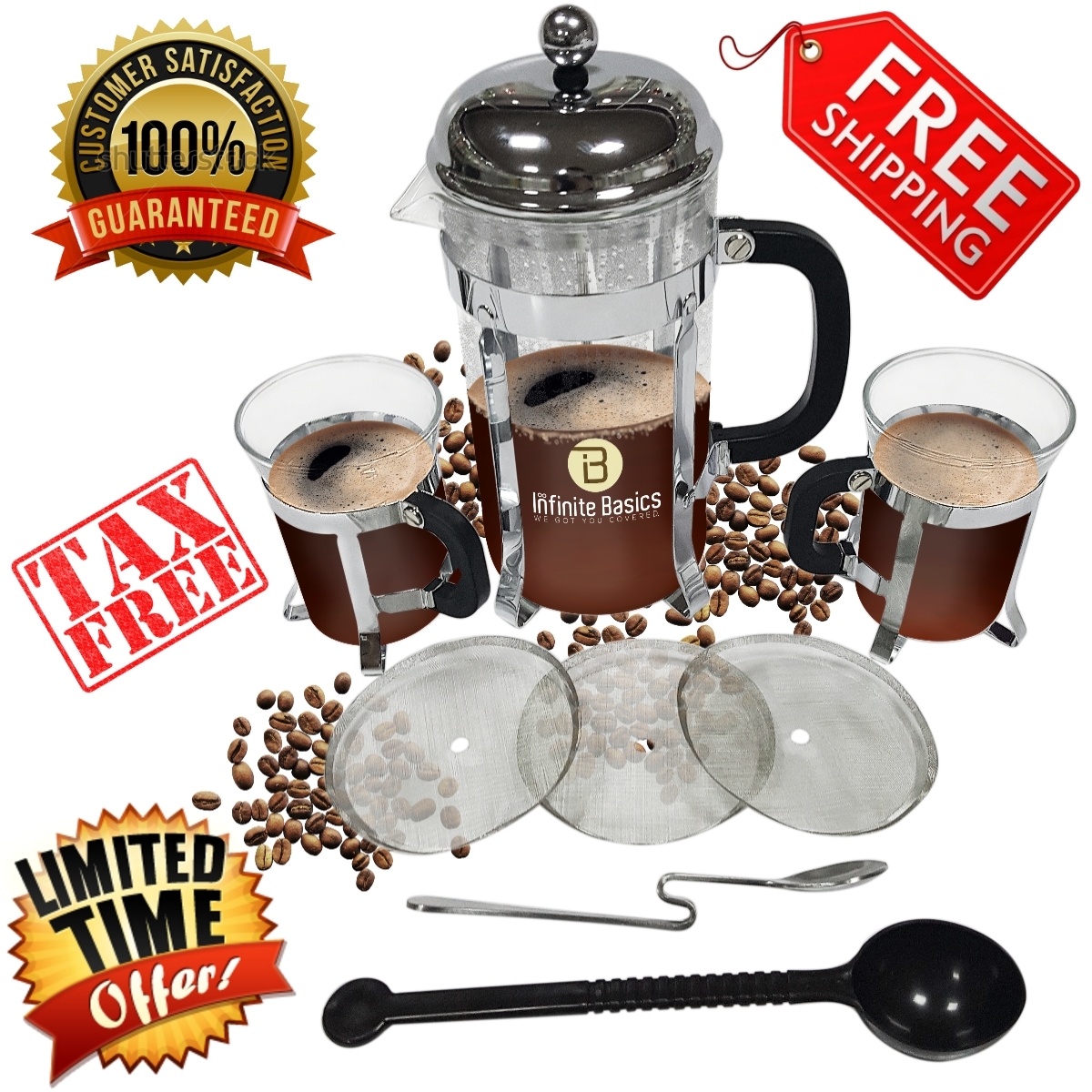 French Press Coffee & Tea Maker Set 8 Cup 34oz Bonus 6 Filters 2 Cups 2 Spoons French Presses