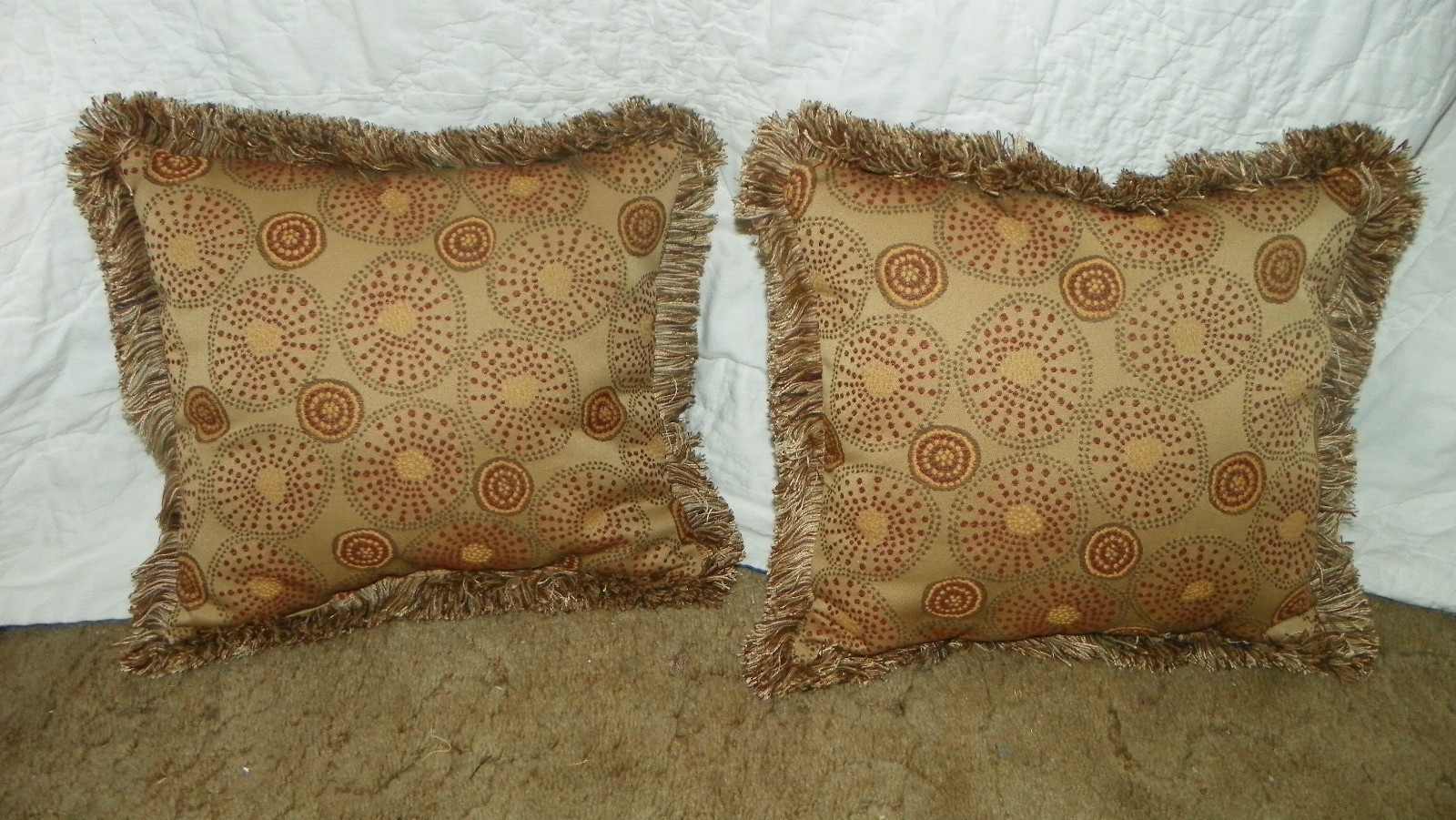 Pair Gold Russet Retro Print Pillows / Throw Pillows 15 x 15 - Pillows