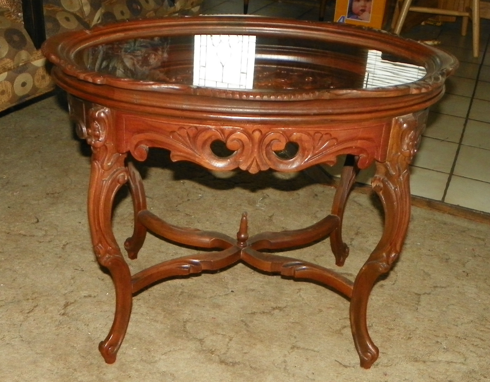 Solid Walnut Carved Coffee Table with Glass Serving Tray (CT6) Post1950