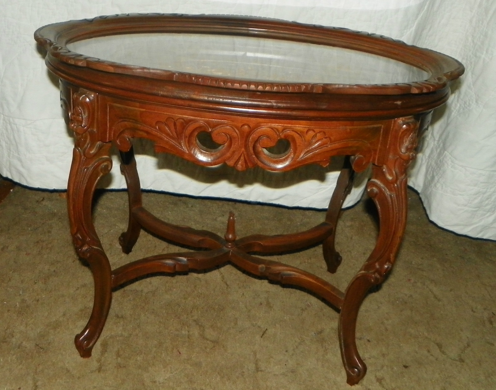 Solid Walnut Carved Coffee Table with Glass Serving Tray ...