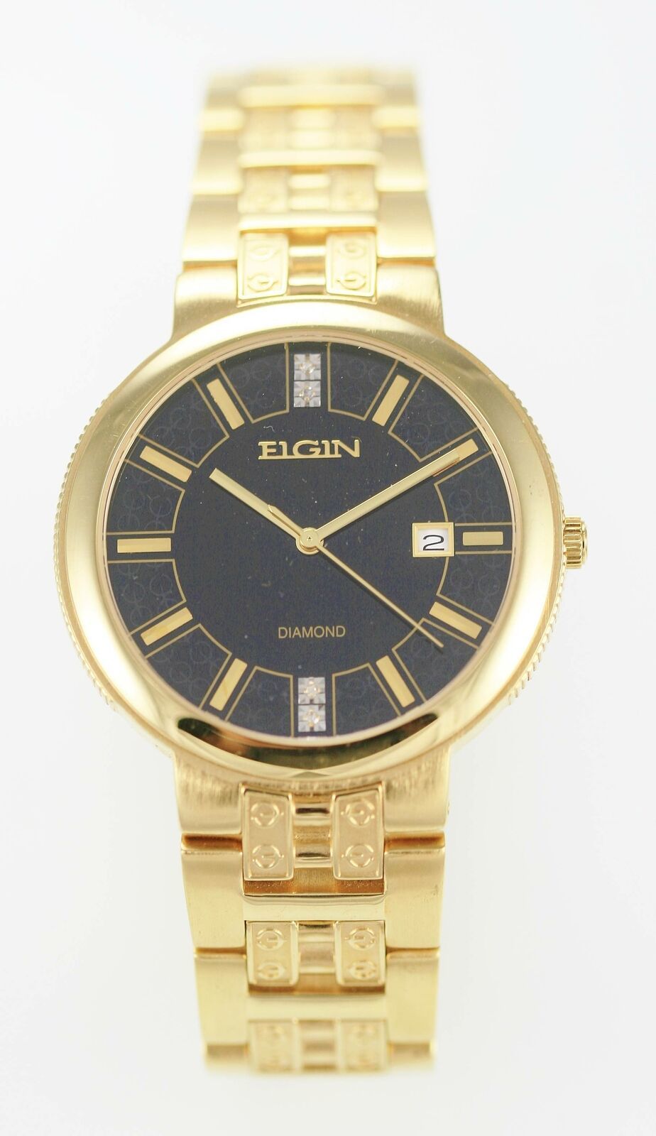 Elgin Diamond Watch Mens Gold Stainless Steel Date 30m Battery Black ...