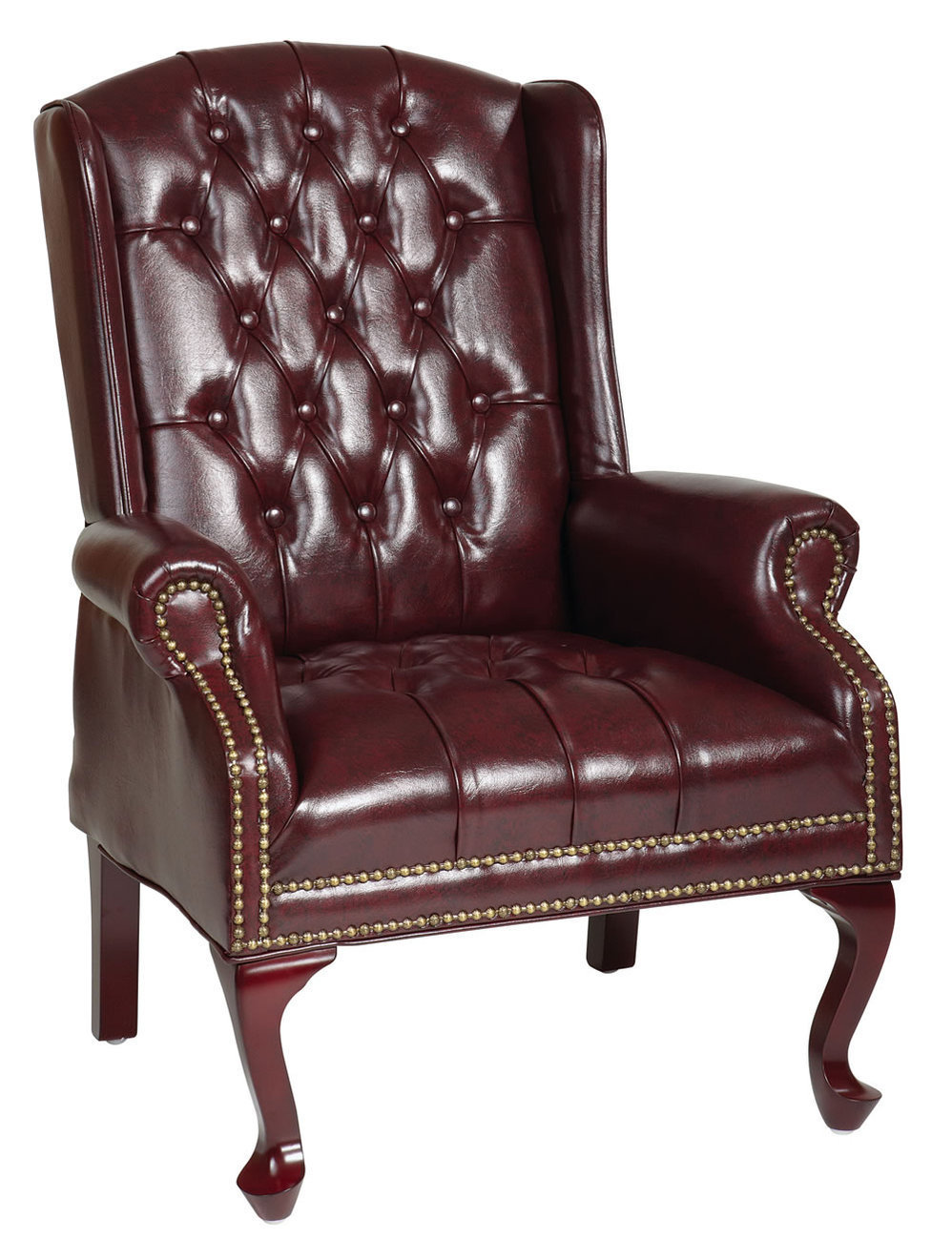 Oxblood Vinyl Tufted Back Queen Anne Wing Back Lounge Traditional Chair ...