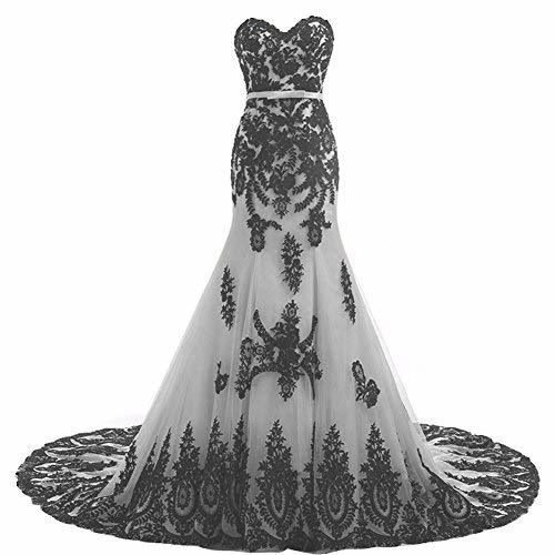 Kivary Plus Size Long Mermaid Black Lace Gothic Prom Dress Wedding Evening Gown