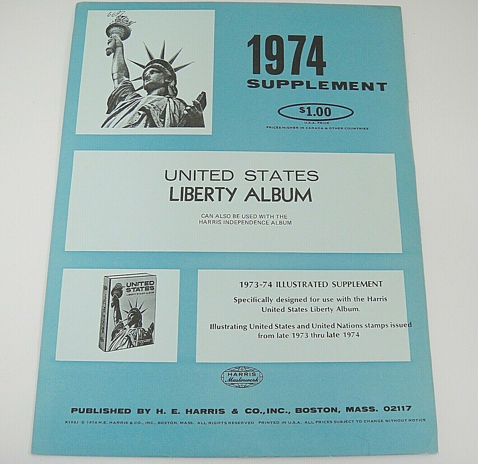 Primary image for Harris 1974 United States U.N. Liberty Stamp Album Supplement X108J NOS