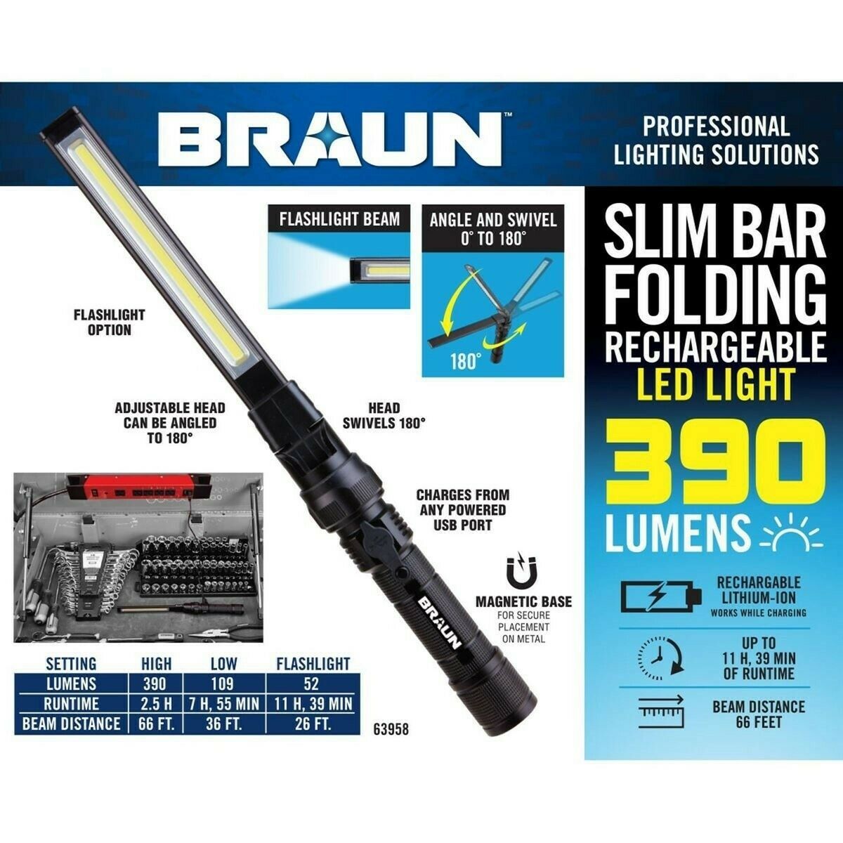 Braun 390 Lumens Slim Bar Folding Rechargeable Flashlight Flashlights & Work Lights