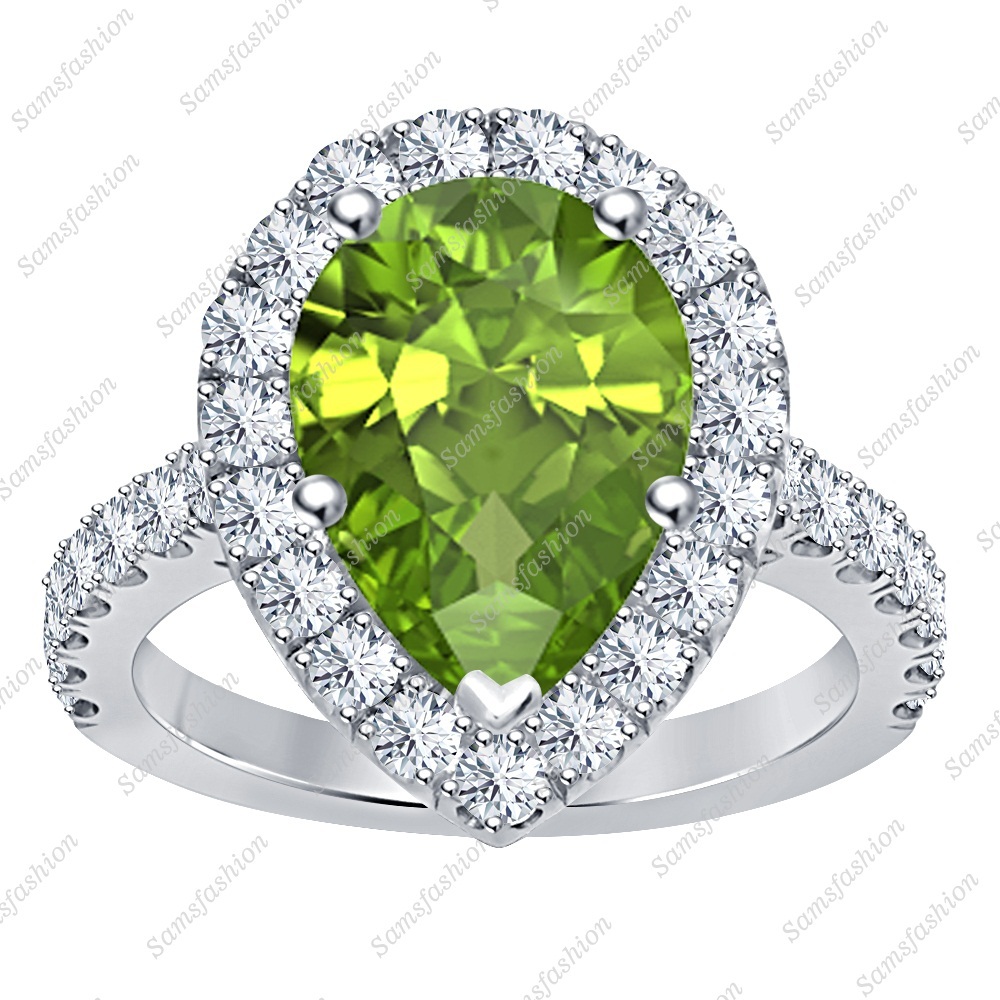 Pear Peridot & Dia 14k White Gold Over 925 Sterling Silver Anniversary Halo Ring