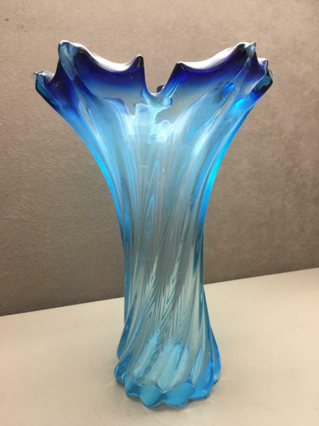 Vintage Blue Swirl Glass Vase 10.5