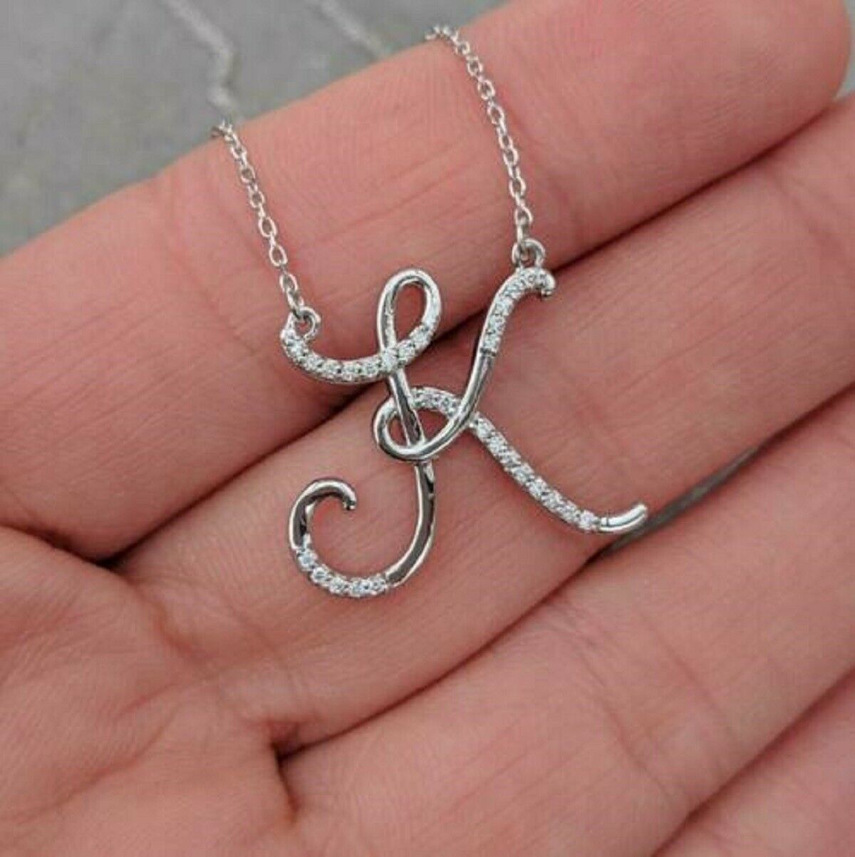 0.40Ct Round Cut Diamond Initial Letter K Pendant With Chain 14K White