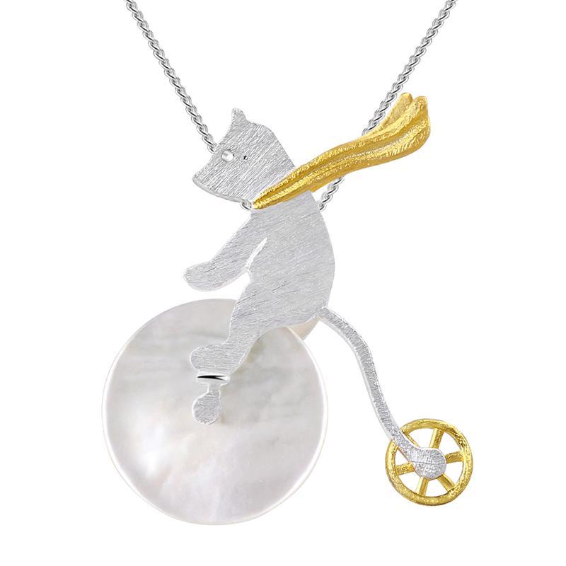 Shell Bicycle Riding Bear Pendant - 925 Sterling Silver + 18K Gold