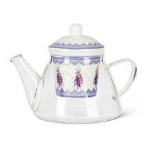 Teapot and Strainer 3 pc Set Bone China and Clear Glass Lavender Sprigs  24 oz