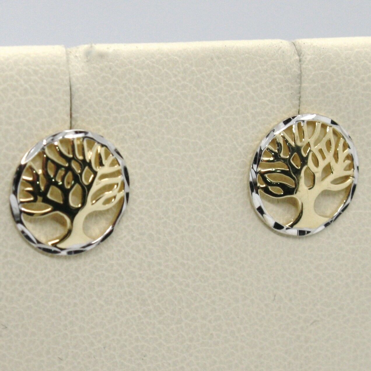 Primary image for 18K YELLOW & WHITE GOLD ROUND EARRINGS BEAUTIFUL TREE OF LIFE, MADE IN ITALY