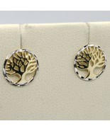 18K YELLOW &amp; WHITE GOLD ROUND EARRINGS BEAUTIFUL TREE OF LIFE, MADE IN I... - $232.93