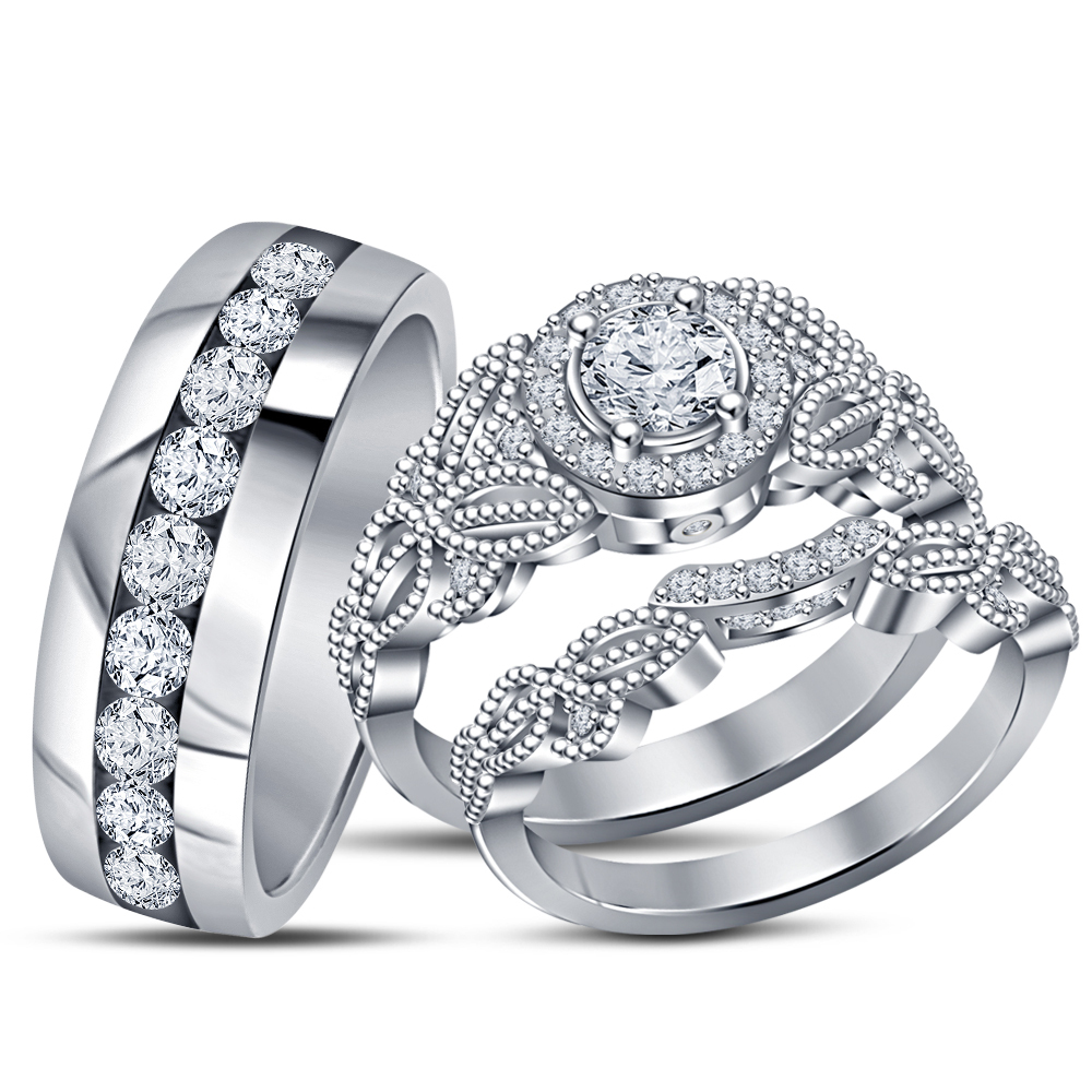 Her Designer Wedding Diamond Ring & His Her Band Trio Ring Set 925 ...